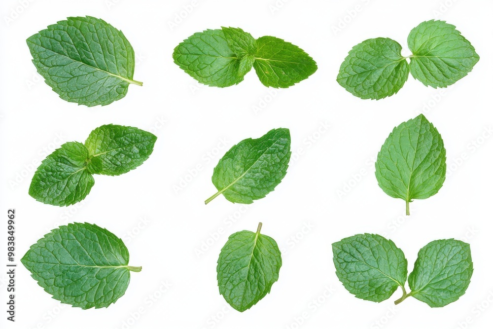 Set of 6 Fresh mint leaves isolated in white background Set of 6 Fresh mint leaves isolated in white background