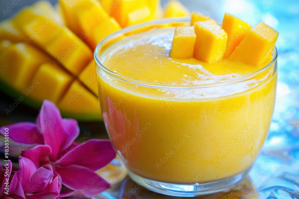 Mango Smoothie with Fresh Mango and Pink Flower Garnish Mango Smoothie with Fresh Mango and Pink Flower Garnish