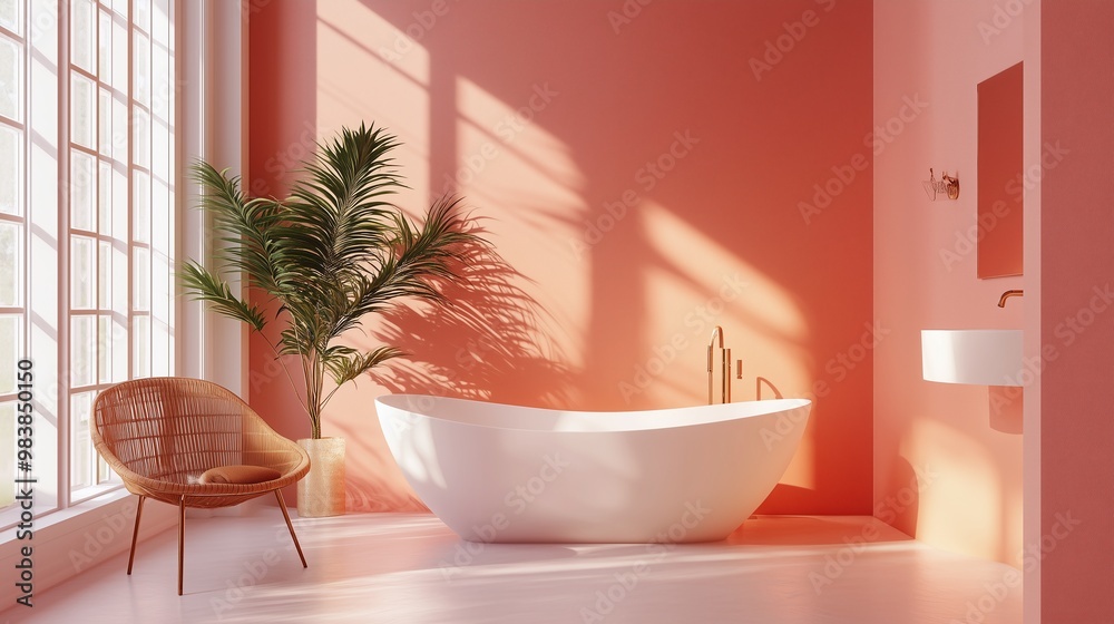 Fototapeta premium White bathtub, peach walls, rattan chair, large windows, and lush plants. AI generated