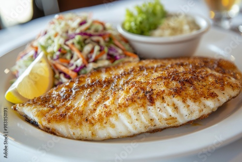 Grilled Fish with Lemon Wedge and Coleslaw