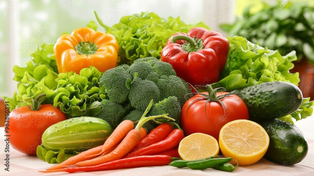 Vibrant display of fresh vegetables and fruits on a white table with clean background Vibrant display of fresh vegetables and fruits on a white table with clean background