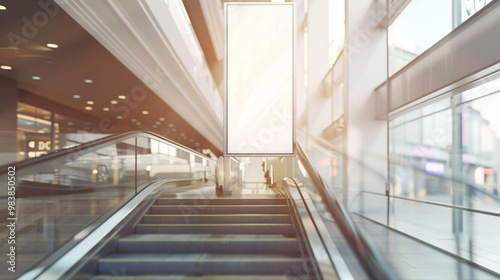 White mockup signboard on the side of an escalator in a luxury shopping mall