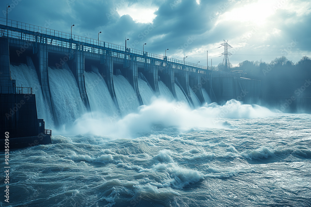 A dramatic view of a hydroelectric dam releasing a massive surge of water, showcasing the power and energy of renewable resources A dramatic view of a hydroelectric dam releasing a massive surge of water, showcasing the power and energy of renewable resources