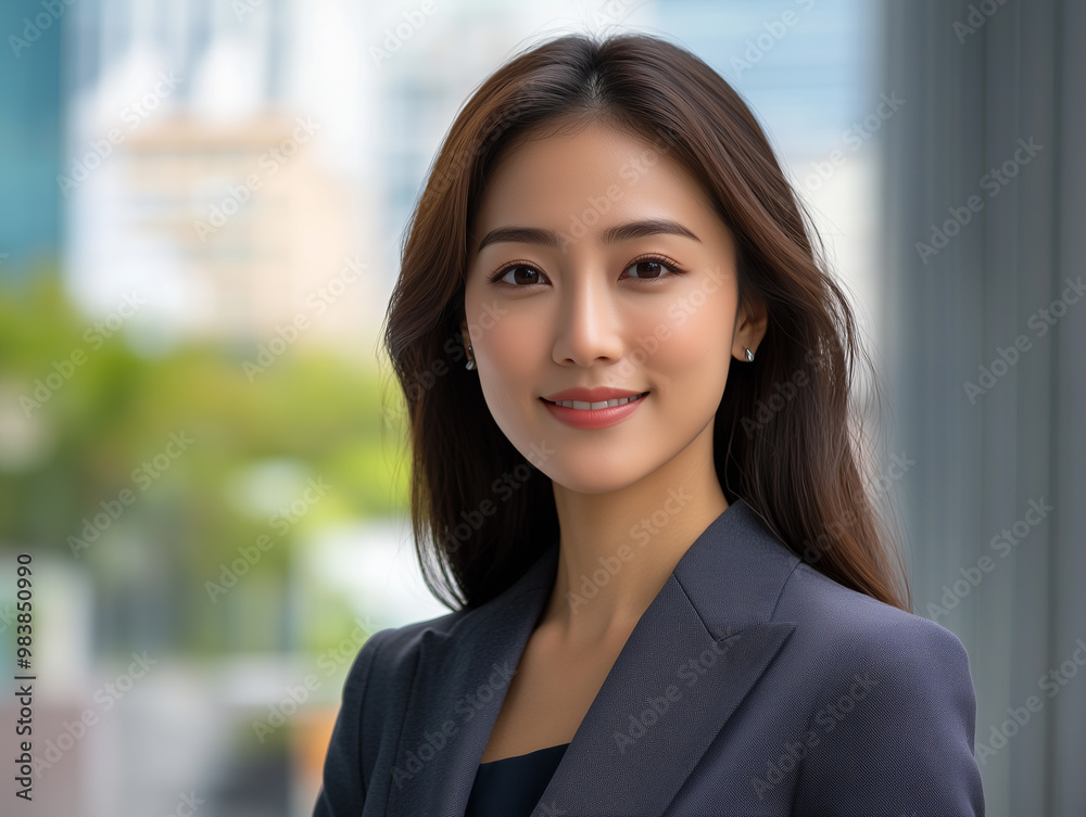 A professional portrait of a confident businesswoman in a formal suit, set against a blurred urban background A professional portrait of a confident businesswoman in a formal suit, set against a blurred urban background