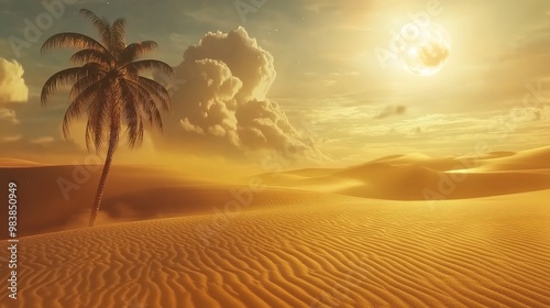 The video transports you to a mystical desert landscape, where towering sand dunes rise majestically towards the sky, their rippled surfaces illuminated by warm, golden light. 