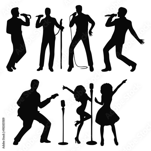 Singer silhouette, sing music. Pop, country music, rock stars and hiphop rapper artist vocalists.