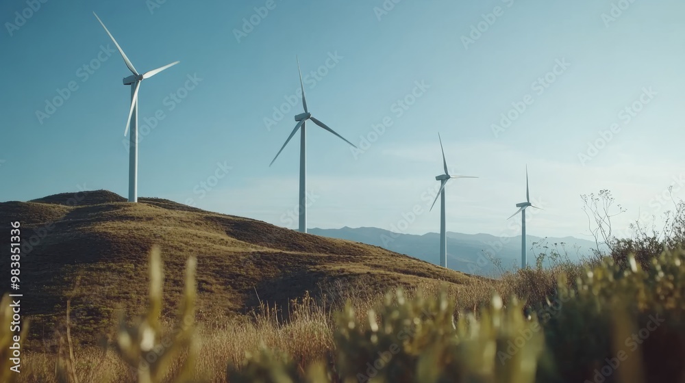 Obraz premium Wind turbines stand tall on rolling hills under a clear sky, symbolizing renewable energy and sustainable development.