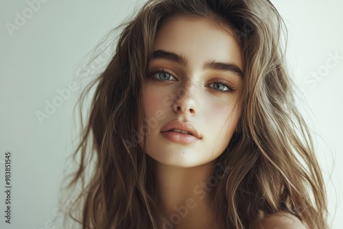 Show a close-up of a young woman with long, wavy hair and a thoughtful expression