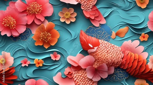 3D illustration of a traditional carp against a colorful background featuring home decoration ideas and feng shui elements