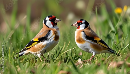 European goldfinch perched gracefully in a vibrant meadow showing off its colorful plumage photo