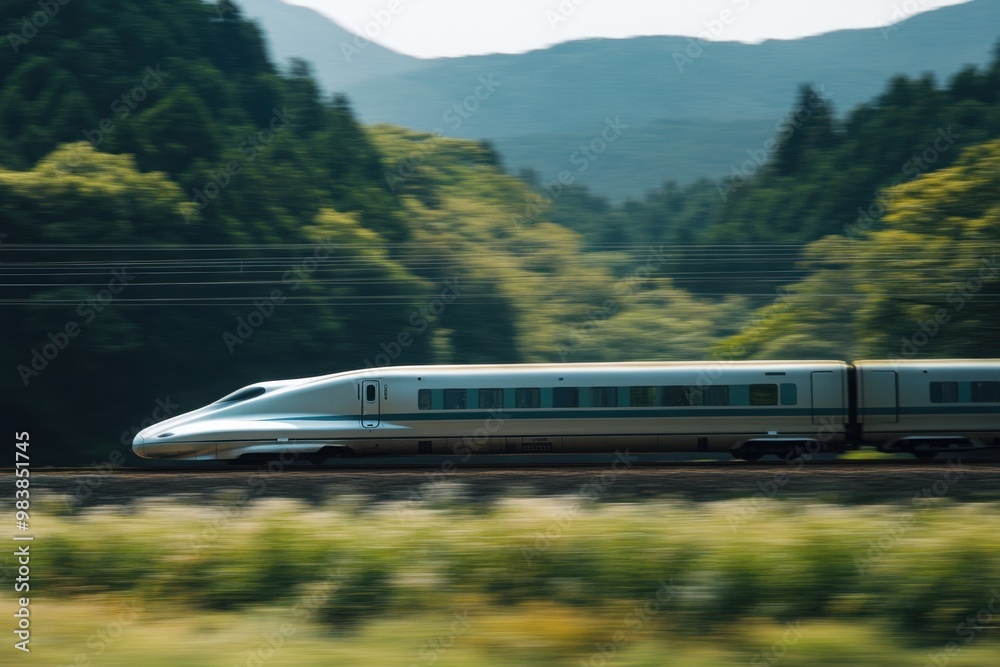 Fototapeta premium Sleek high-speed bullet train cutting through countryside