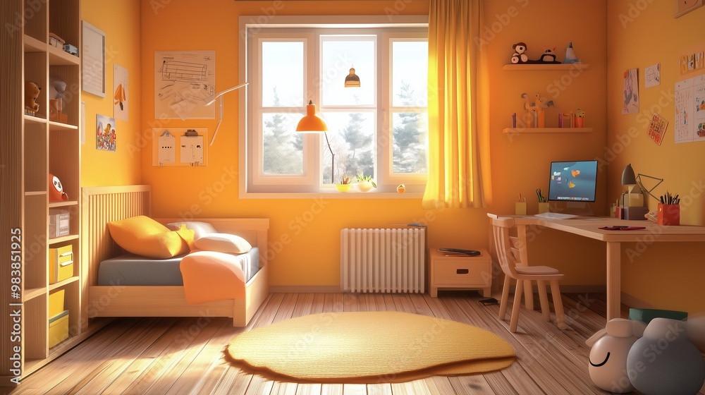 Fototapeta premium Bright yellow bedroom with orange pillows, desk, and sunny window, ai generated.