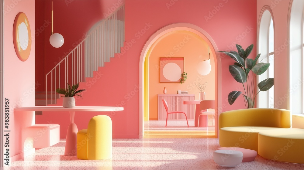 Playful interior with pink palette, modern furniture, and lush greenery, ai generated.