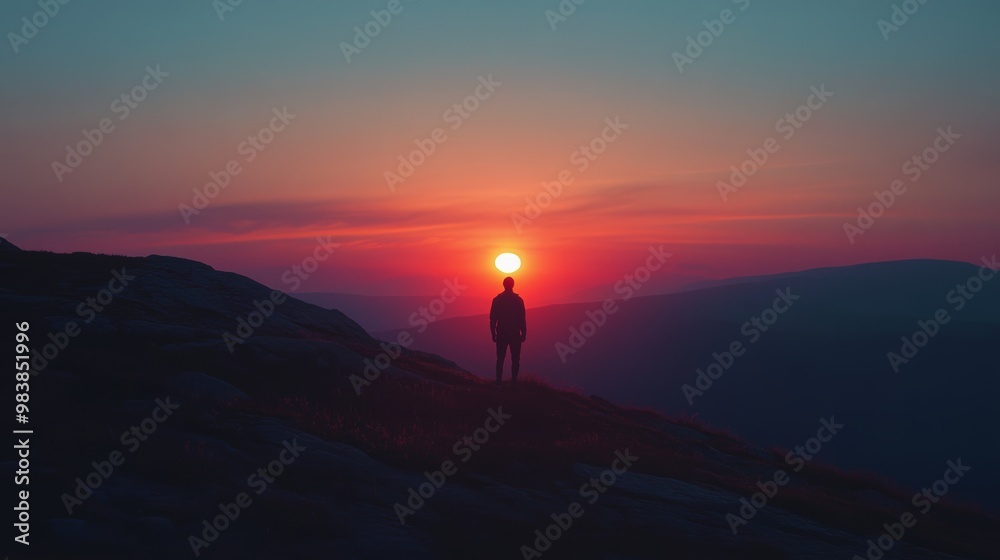 Silhouette of a Man Standing on a Mountaintop at Sunset. Silhouette of a Man Standing on a Mountaintop at Sunset.