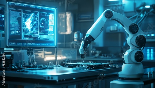  3D rendering of a robotic arm working on a table in a futuristic cyberpunk laboratory with holographic screens displaying data and digital blue neon light effects. In the background