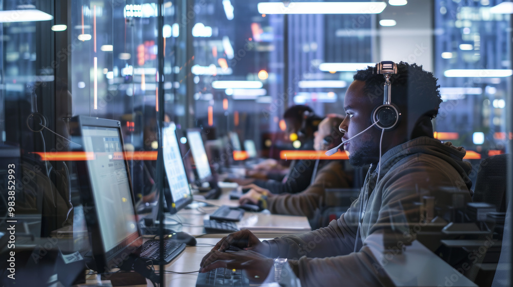 A busy call center with panoramic view, showcasing employees engaged in their work at computers, creating dynamic and focused atmosphere. A busy call center with panoramic view, showcasing employees engaged in their work at computers, creating dynamic and focused atmosphere.