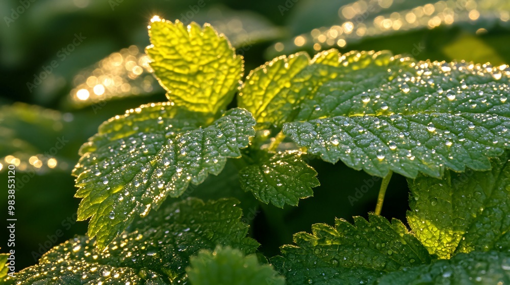 Close-up of dew drops on green leaves illuminated by the morning sun. Close-up of dew drops on green leaves illuminated by the morning sun.