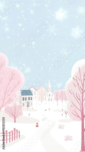 A video created from an illustration of Winter village scene with snowy houses, pink trees, and snowflakes in the sky