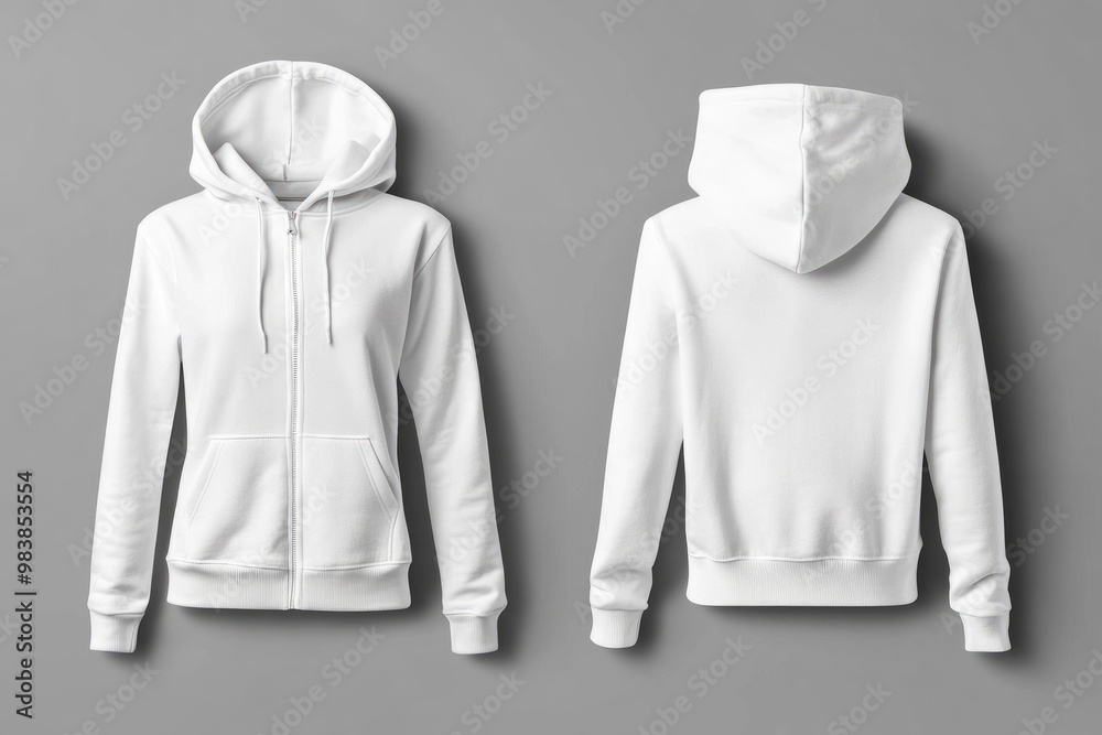 Women's woman's white zip front hoodie mockup front and back zipper closed hood down good style and shape on gray background no people, with copy space Women's woman's white zip front hoodie mockup front and back zipper closed hood down good style and shape on gray background no people, with copy space