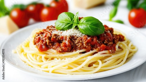 Delicious plate of pasta with rich meat sauce, fresh basil garnish, and ripe tomatoes, Italian cuisine served with Parmes photo