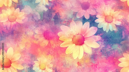 Abstract Pattern of Daisy Flowers Featuring Grunge Tie Dye Watercolor Texture