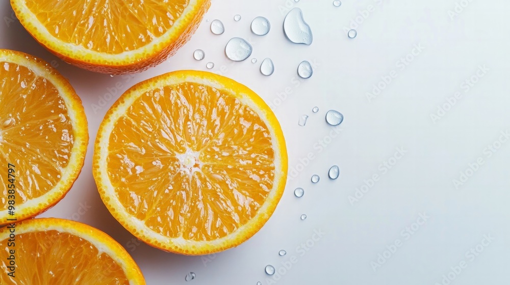 Freshly sliced oranges on a clean white background, droplets of water highlighting the vibrant colors. Freshly sliced oranges on a clean white background, droplets of water highlighting the vibrant colors.