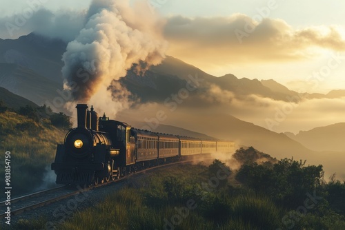 Vintage steam locomotive puffing through a misty mountains