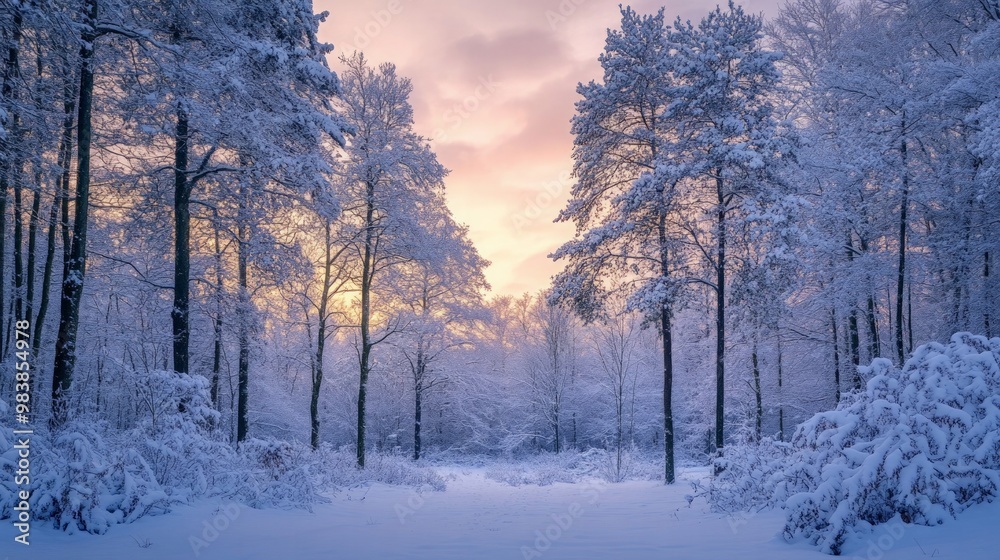 Quiet winter forest with snow-covered trees and a soft pink sky at dusk, creating a peaceful scene. Quiet winter forest with snow-covered trees and a soft pink sky at dusk, creating a peaceful scene.