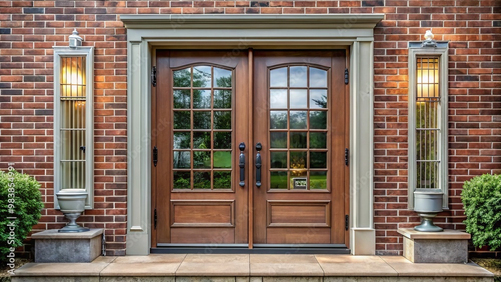 Fototapeta premium Elegant double front doors boast clear glass panels set within brick frames, adorned with ornate hardware that adds