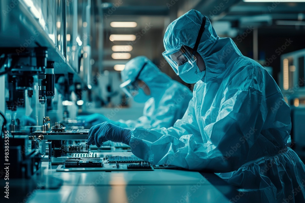 Technician in a Cleanroom Assembling a Circuit Board Technician in a Cleanroom Assembling a Circuit Board