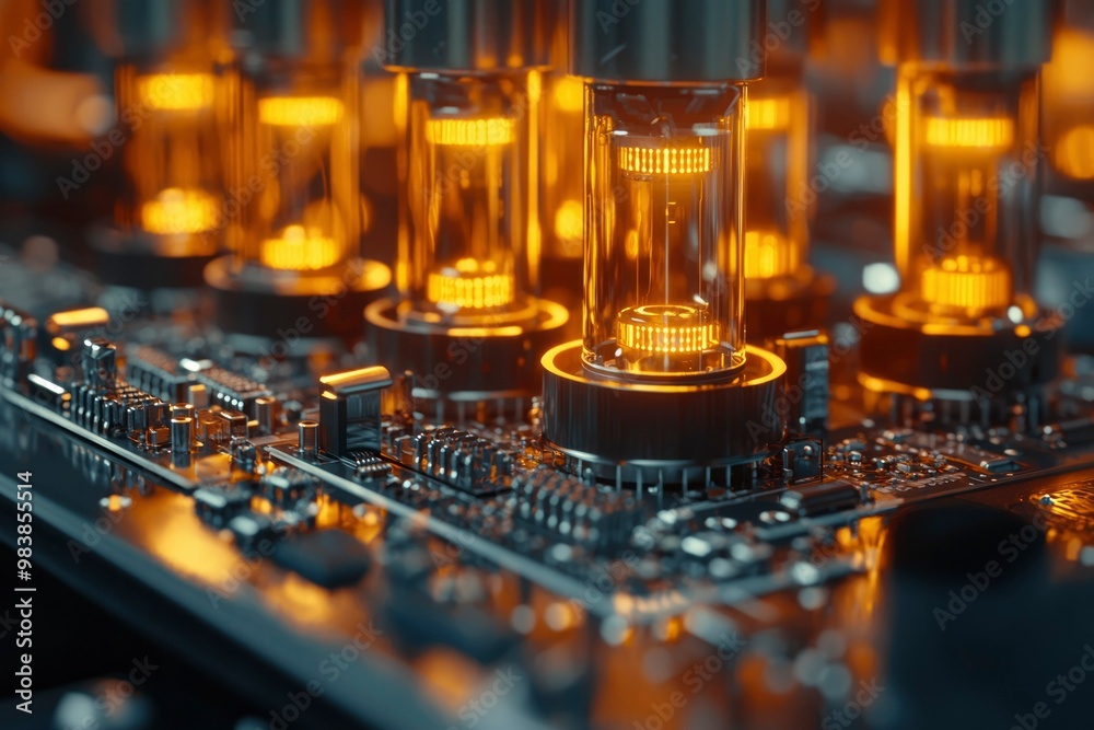 Illuminated Vacuum Tubes on a Circuit Board Illuminated Vacuum Tubes on a Circuit Board