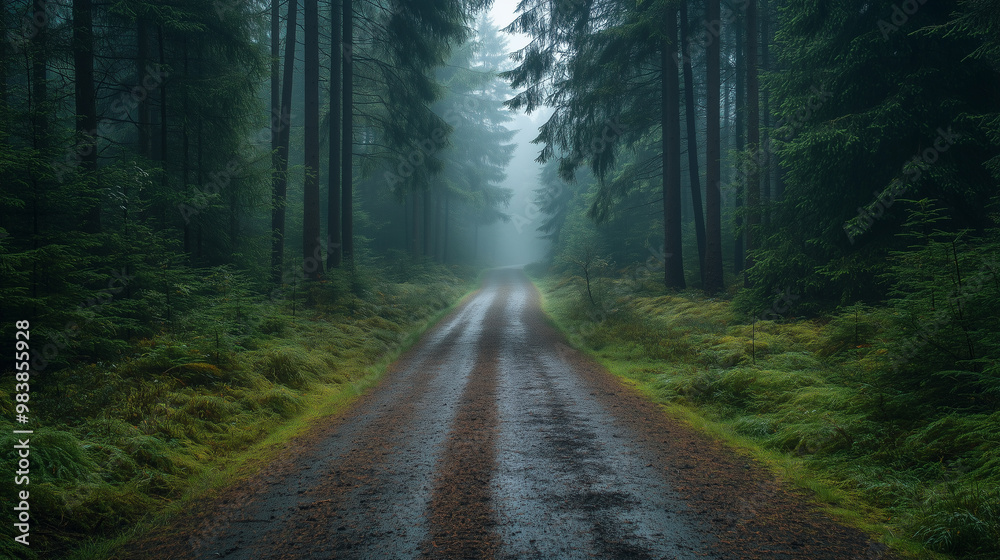 Fototapeta premium A serene forest road surrounded by tall trees and lush greenery, enveloped in mist. damp ground reflects tranquility of nature, inviting exploration and peace.