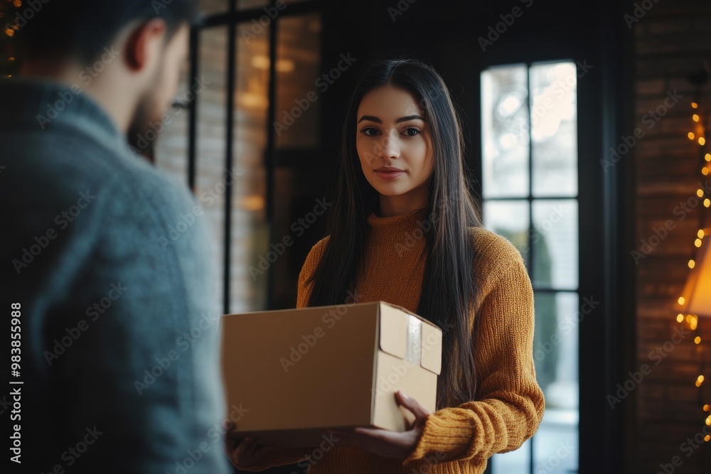 Young woman receiving parcel from courier indoors Young woman receiving parcel from courier indoors