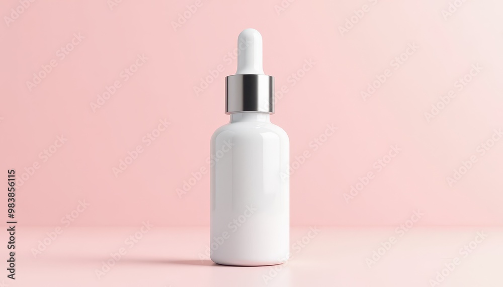 Blank Cosmetic Dropper Bottle with Silver Cap on Pastel Pink Background Blank Cosmetic Dropper Bottle with Silver Cap on Pastel Pink Background