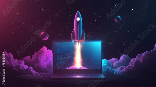 Depict a rocket launch from a laptop screen, symbolizing rapid business growth and innovation. Incorporate vibrant colors, glowing holograms, and space exploration themes to highlight startup success photo