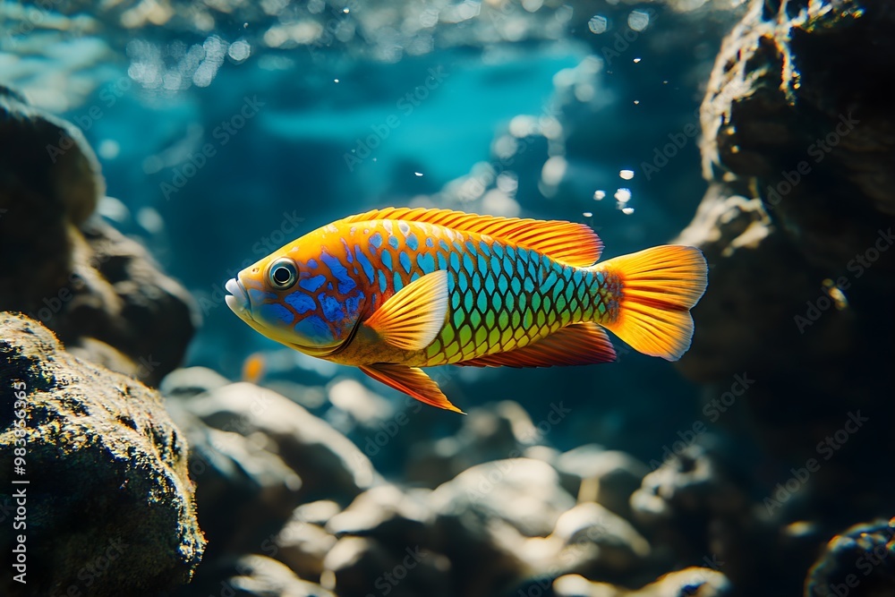 This is an underwater photo of brightly colored tropical fish swimming leisurely in shallow, rocky tropical waters.