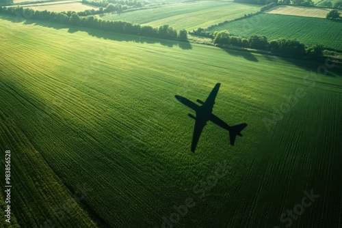 A captivating aerial image showing the silhouette of an airplane's shadow gliding over a vast,