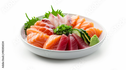 Fresh sushi platter featuring variety of colorful sashimi, including salmon, tuna, and other seafood garnished with green onions and wasabi, perfect for seafood lovers