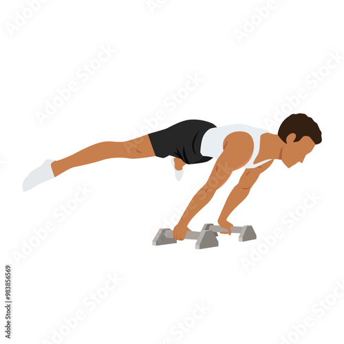 Young manMan doing perfect straddle planche with Push up Bars. Flat vector illustration isolated on white background