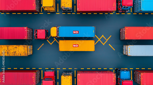 Trucks stopped at a border crossing, blocked by No Trade signs, border trade blockade, global commerce halt