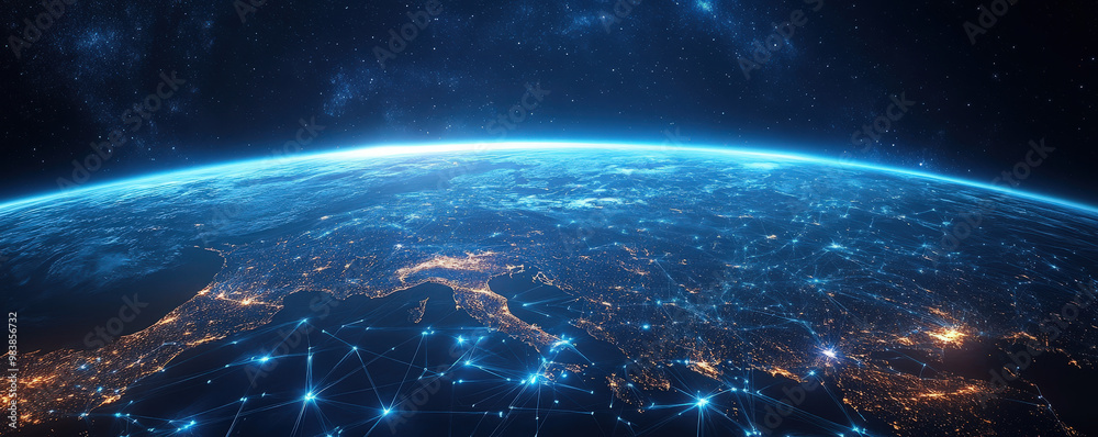 Obraz premium International electronic infrastructure mapped with data exchange points on wide banner format