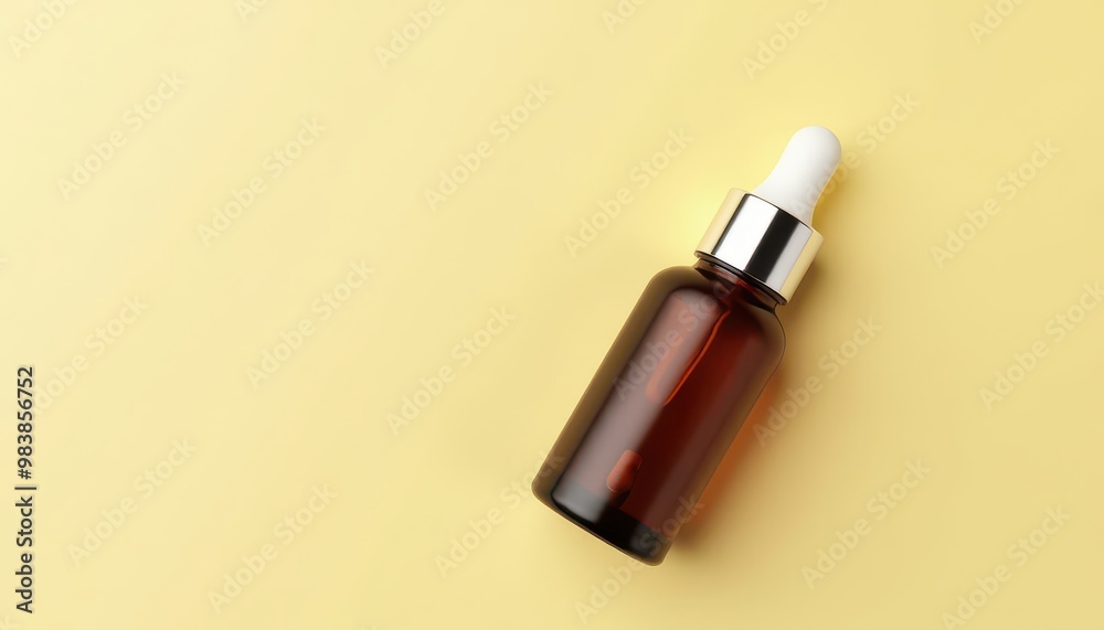 Dark Brown Glass Cosmetic Dropper Bottle with Metallic Silver Cap on Pastel Yellow Background Dark Brown Glass Cosmetic Dropper Bottle with Metallic Silver Cap on Pastel Yellow Background