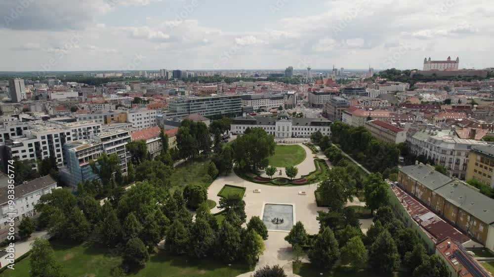 Aerial overview of Grassalkovich Presidential Palace in Bratislava, Slovakia, featuring its baroque architecture and gardens
