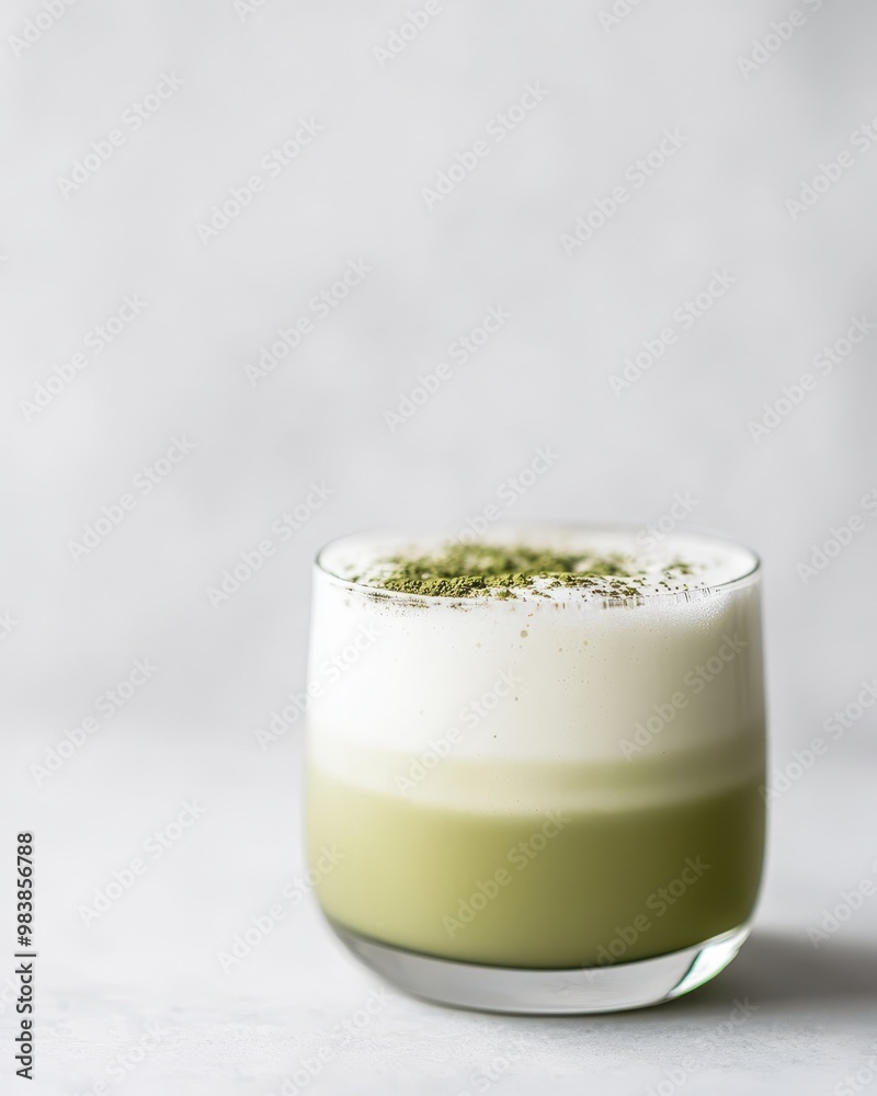 A layered drink featuring matcha and frothy milk, garnished with green powder. A layered drink featuring matcha and frothy milk, garnished with green powder.