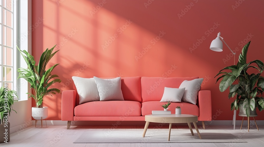 Coral sofa with white cushions, lush plants, wooden coffee table, large windows, and soft shadows creating a bright, inviting atmosphere. AI generated Coral sofa with white cushions, lush plants, wooden coffee table, large windows, and soft shadows creating a bright, inviting atmosphere. AI generated