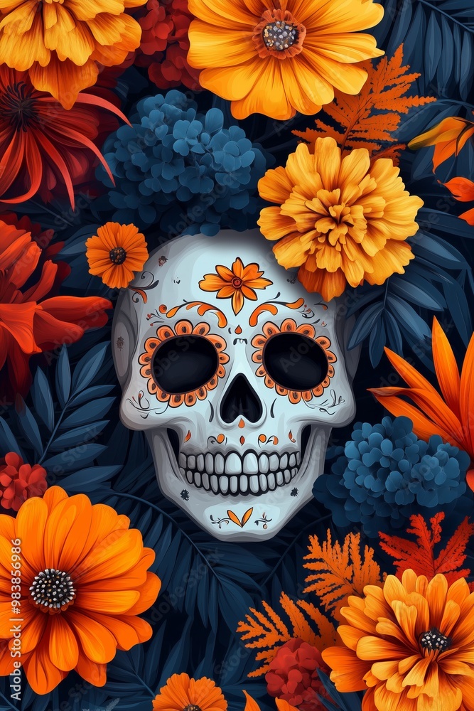 A sugar skull surrounded by orange flowers, blue hydrangeas, and green leaves A sugar skull surrounded by orange flowers, blue hydrangeas, and green leaves