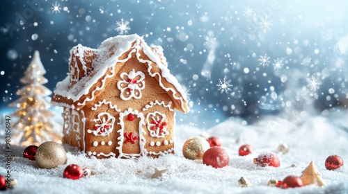 Gingerbread House in Snowy Landscape.