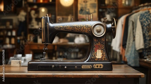 Antique sewing machine standing on wooden desk in workshop