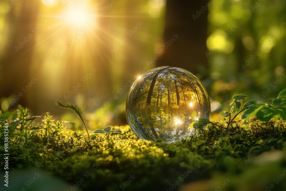 A close-up image of a glass sphere lying on a bed of green moss and small plants A close-up image of a glass sphere lying on a bed of green moss and small plants