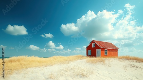 Red Cottage on a Sandy Beach with a Blue Sky and White Clouds